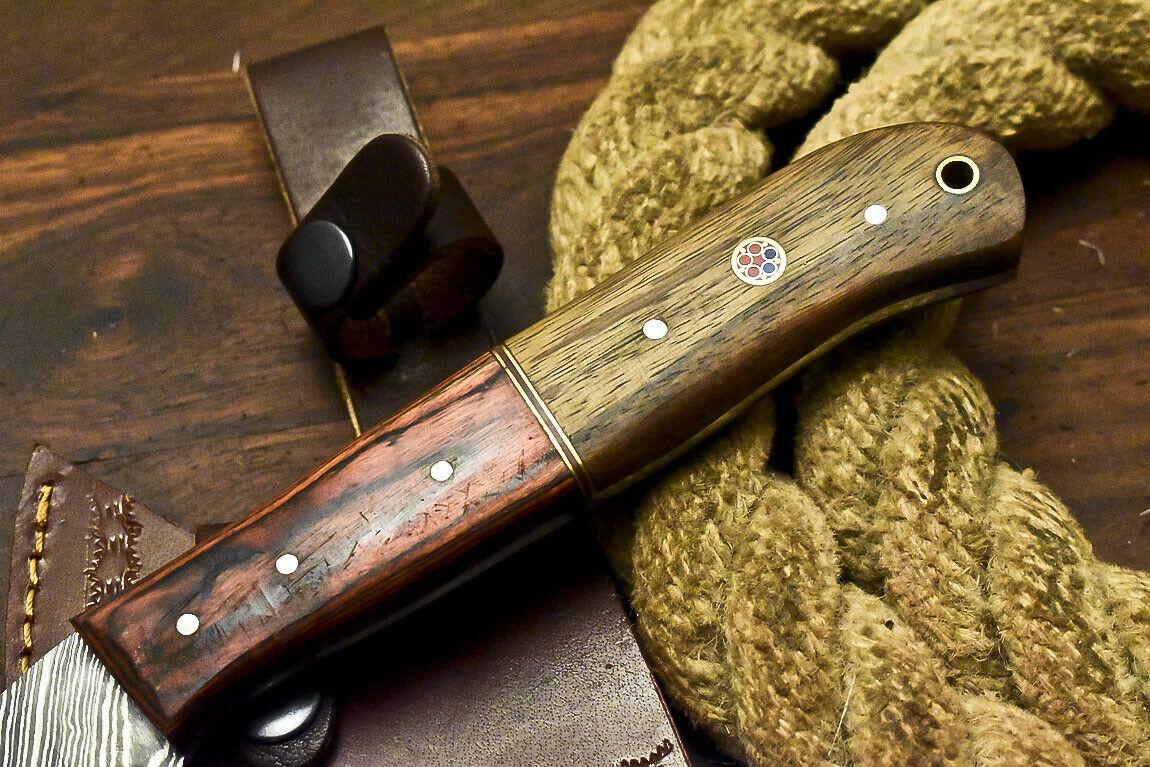 Handmade Damascus Walnut Wood Hunting Clever Chopper Axe Knife with Leather Sheath