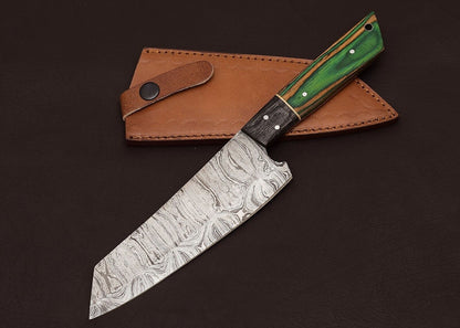 Handmade Damascus Steel Chef & Hunting Knife 8" Blade Pakka Wood Handle + Sheath