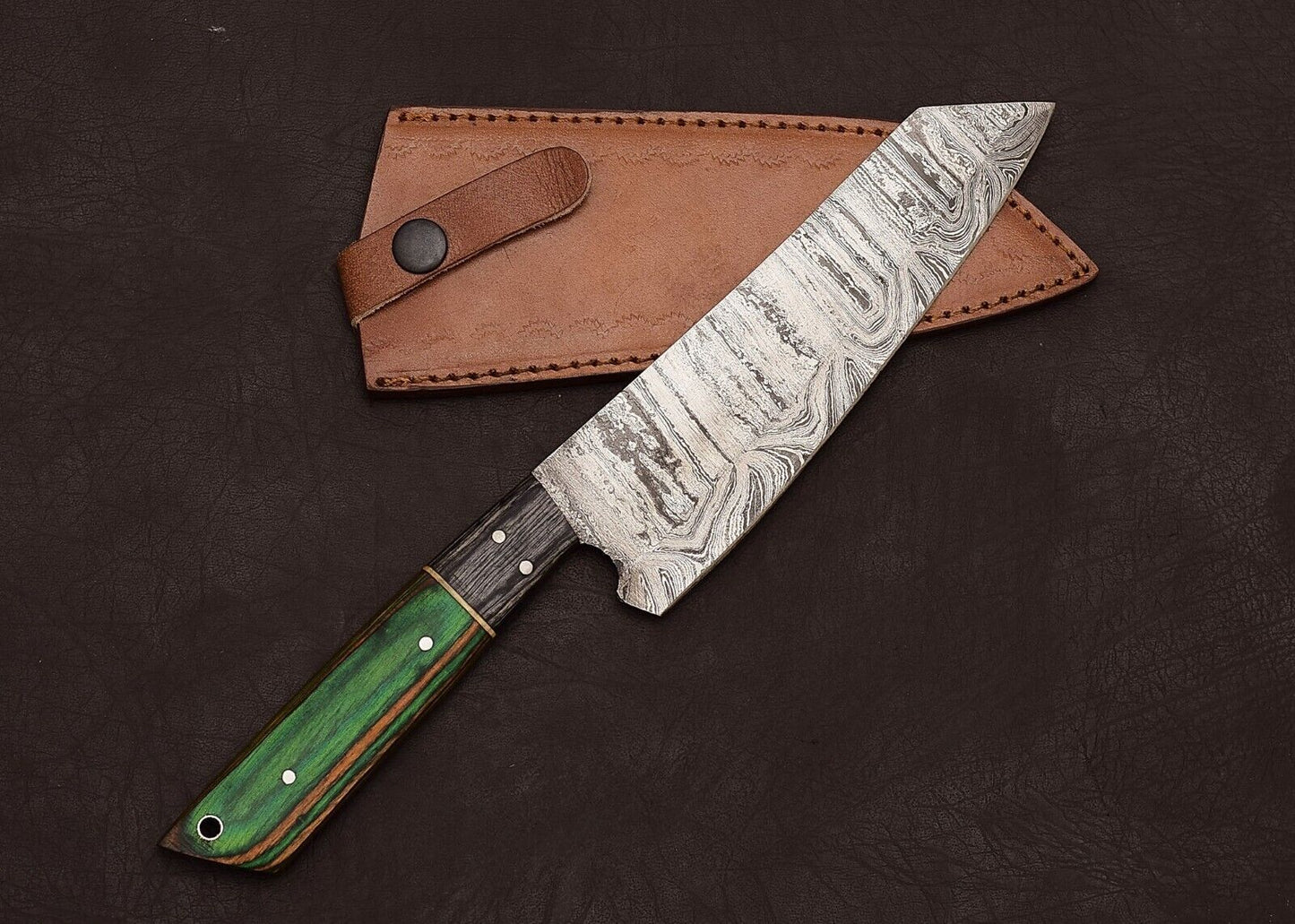 Hand Forged Damascus Steel Chef & Hunting Knife 8" Blade Pakka Wood Handle Sheath