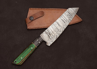 Hand Forged Damascus Steel Chef & Hunting Knife 8" Blade Pakka Wood Handle Sheath