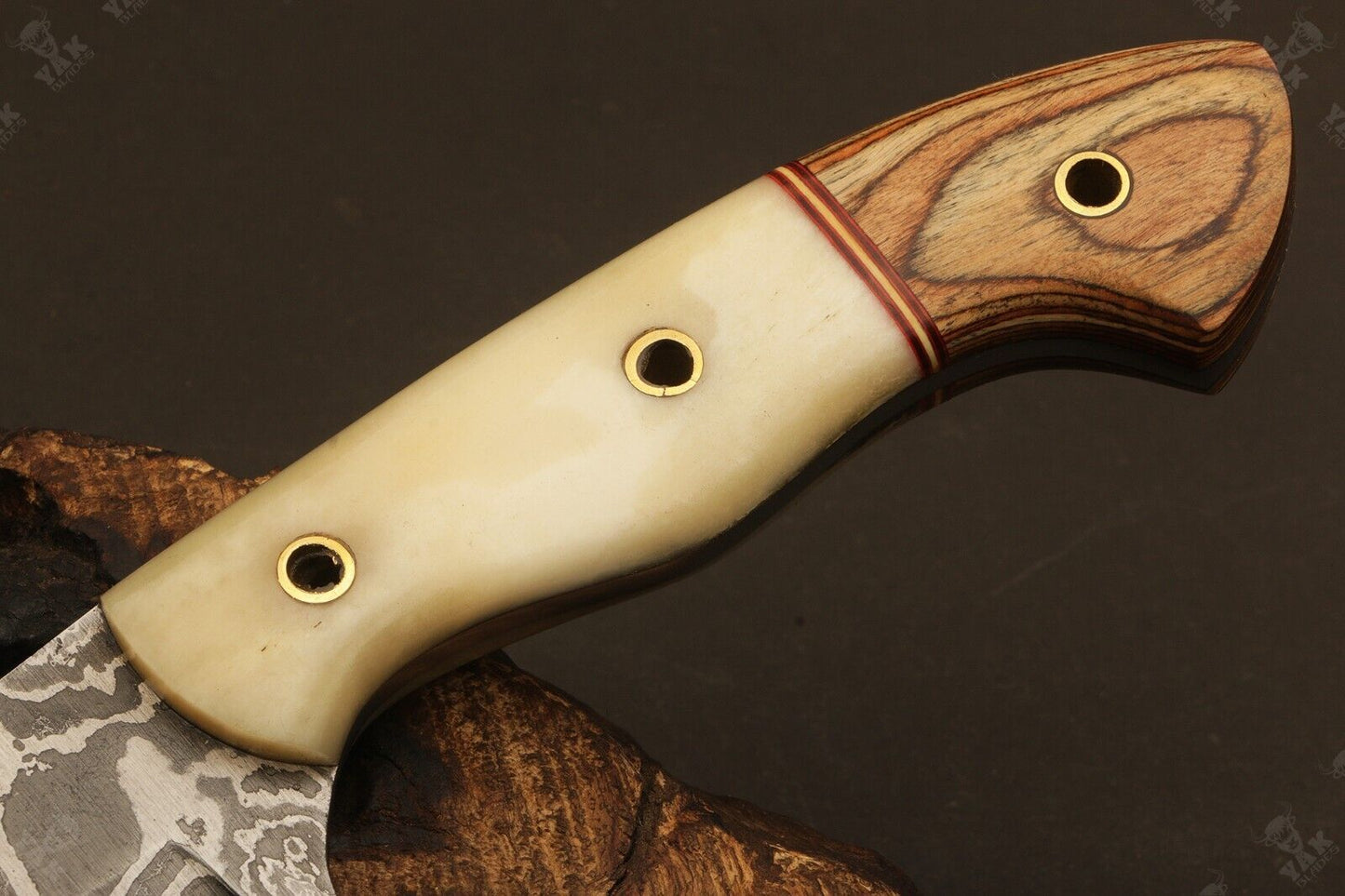 10.5" Handmade Ladder Damascus Steel Bowie Hunting Knife | Camel Bone & Wood Handle