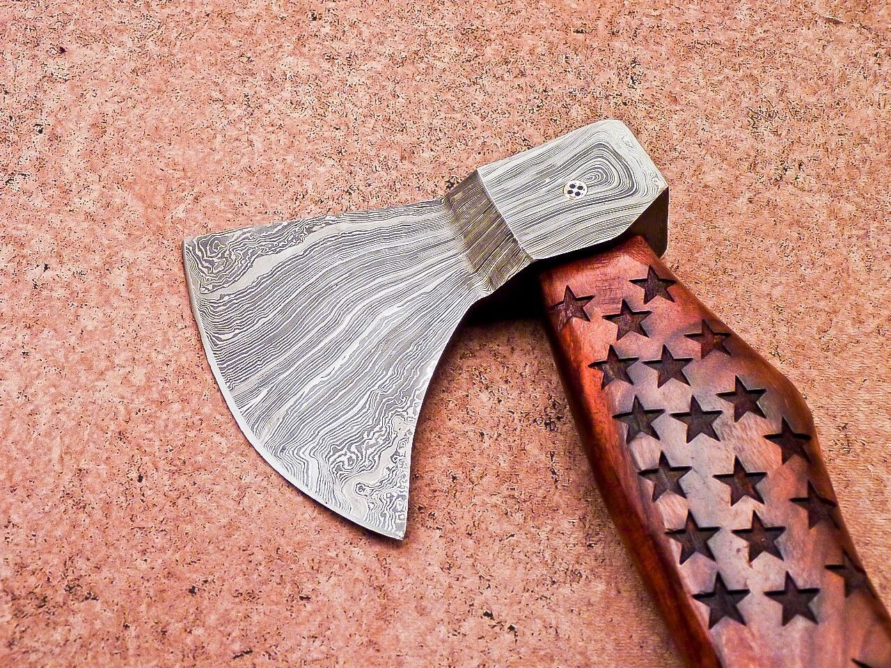 Limited Edition Handmade Damascus Steel Viking Axe with Natural Wood Handle and Leather Sheath