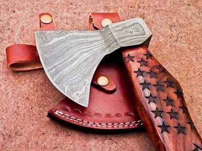 Limited Edition Handmade Damascus Steel Viking Axe with Natural Wood Handle and Leather Sheath