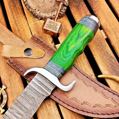 12 Inch Handmade Damascus Steel Bowie Knife with Wood Handle and Steel Bolster