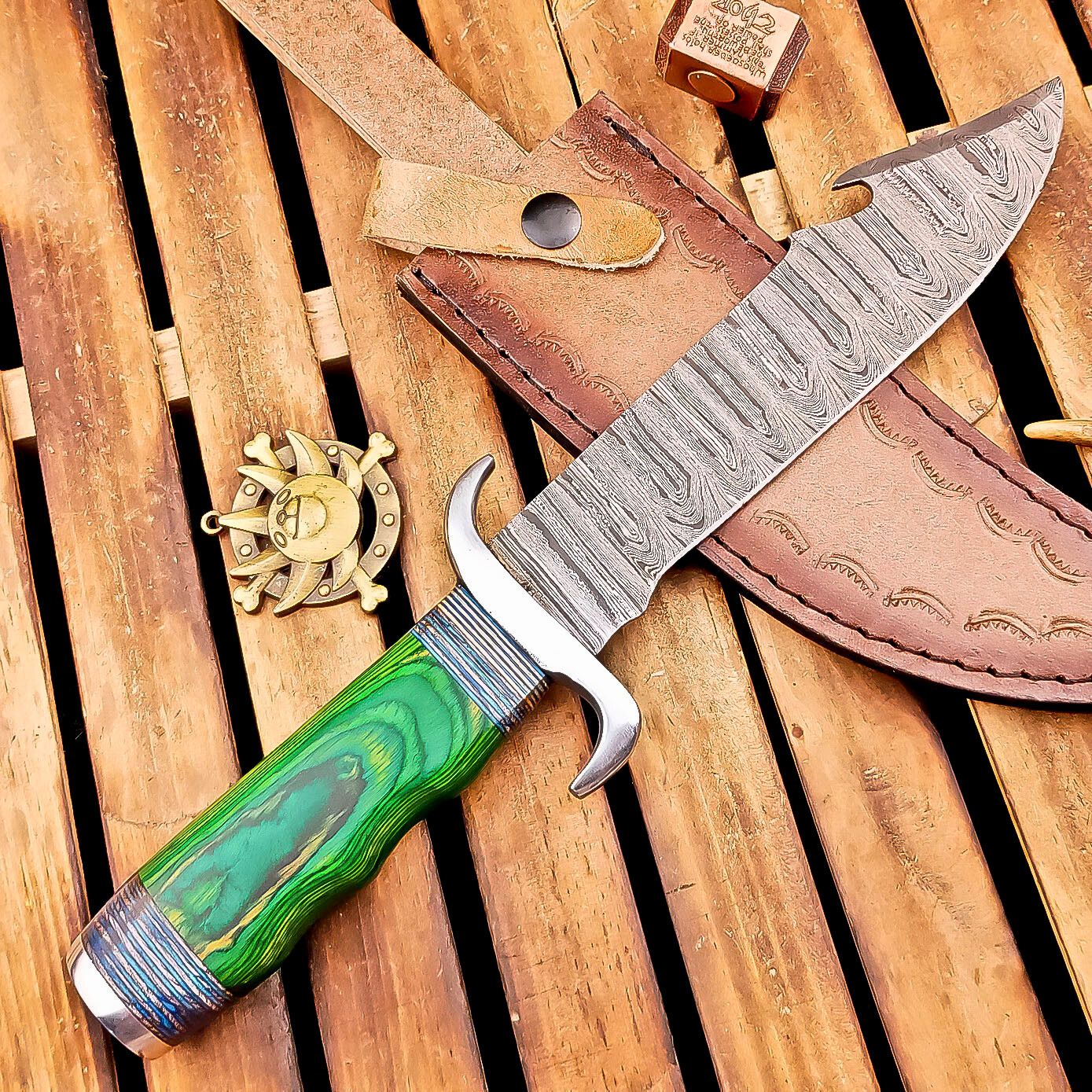 12 Inch Handmade Damascus Steel Bowie Knife with Wood Handle and Steel Bolster