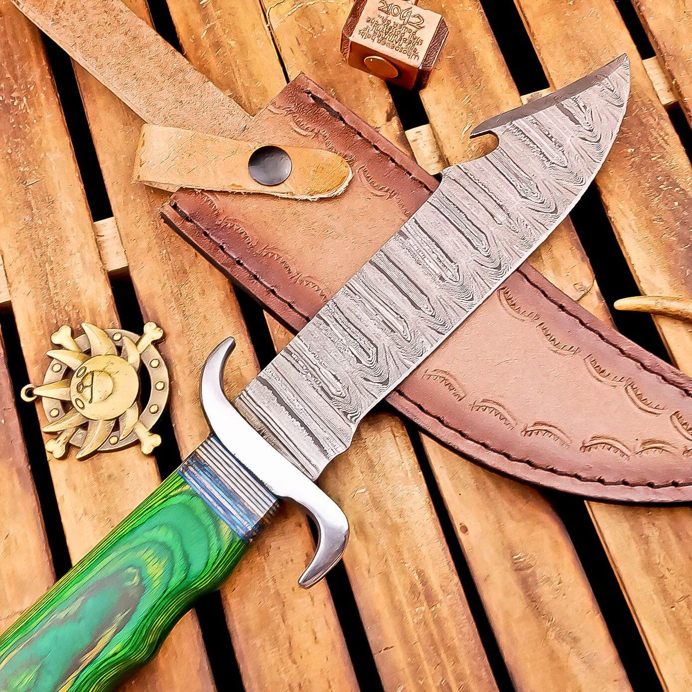 12 Inch Handmade Damascus Steel Bowie Knife with Wood Handle and Steel Bolster