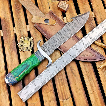12 Inch Handmade Damascus Steel Bowie Knife with Wood Handle and Steel Bolster