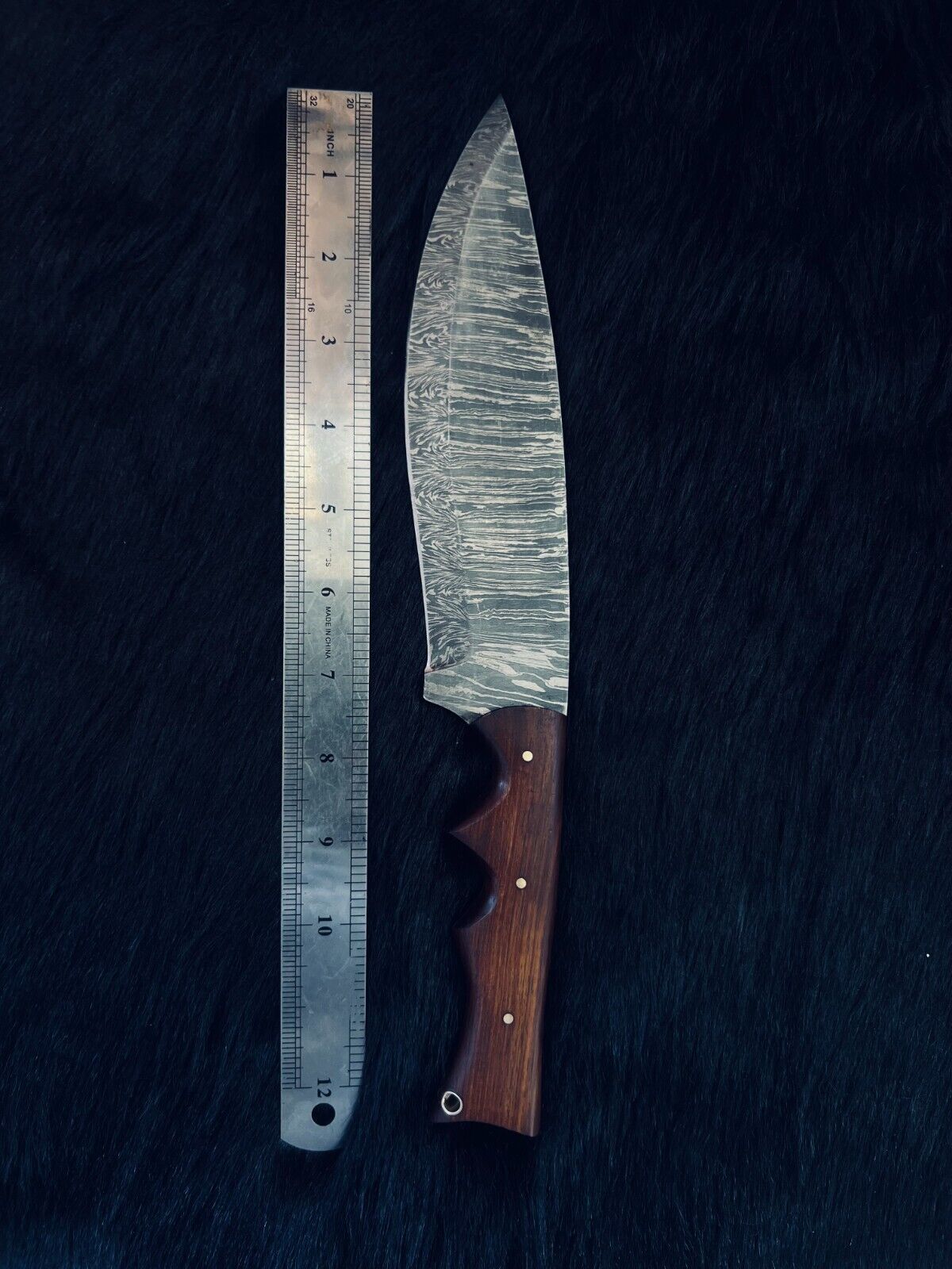 12.5 Inch Custom Handmade Twist Damascus Steel Bowie Knife with Wood Handle