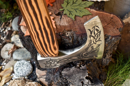 Hand-Forged High Carbon Steel Viking Axe with Etched Blade & Leather Wrapped Handle