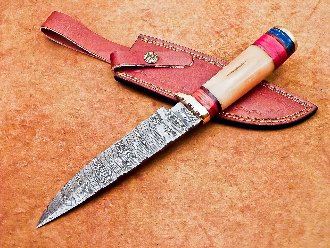 12" Damascus Steel Bowie Knife | Camel Bone & Hardwood Handle