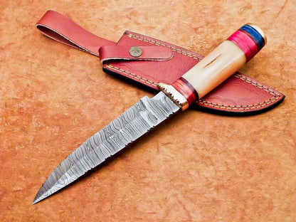 12" Damascus Steel Bowie Knife | Camel Bone & Hardwood Handle