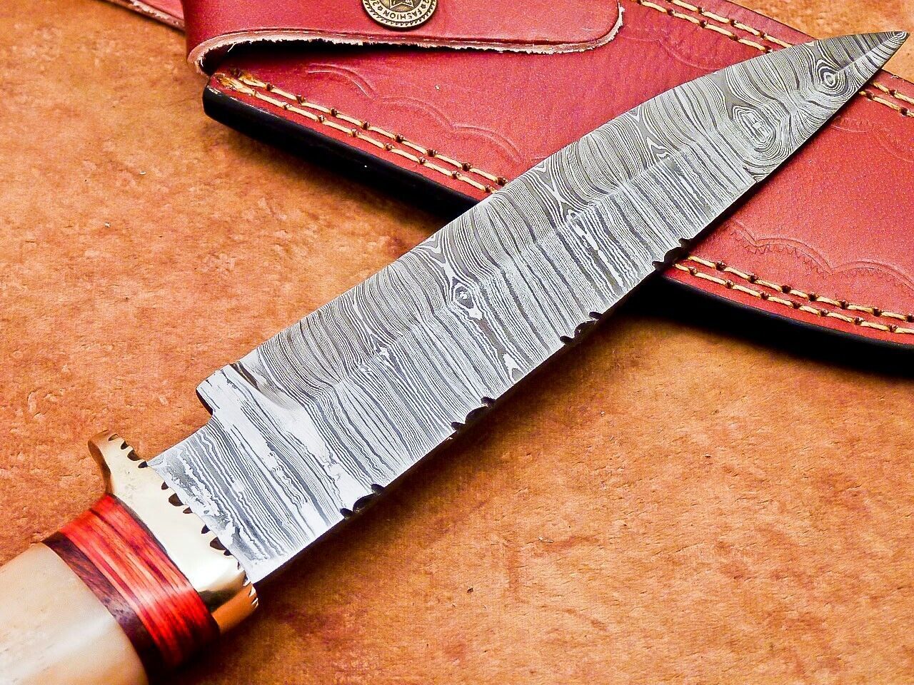 12" Damascus Steel Bowie Knife | Camel Bone & Hardwood Handle