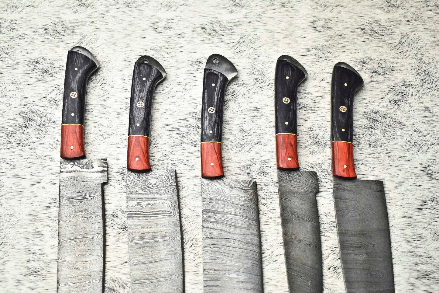 Lot of 5 Handmade Hammered Damascus Steel Chef Knives – Custom Set