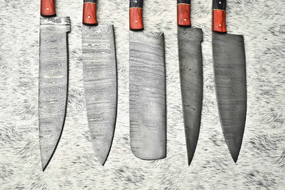 Lot of 5 Custom Handmade Hammered Damascus Steel Chef Knife Set – Kitchen Cutlery