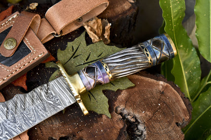 Hand Forged Damascus Bowie Knife with Camel Bone Handle