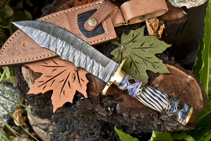 Hand Forged Damascus Bowie Knife with Camel Bone Handle
