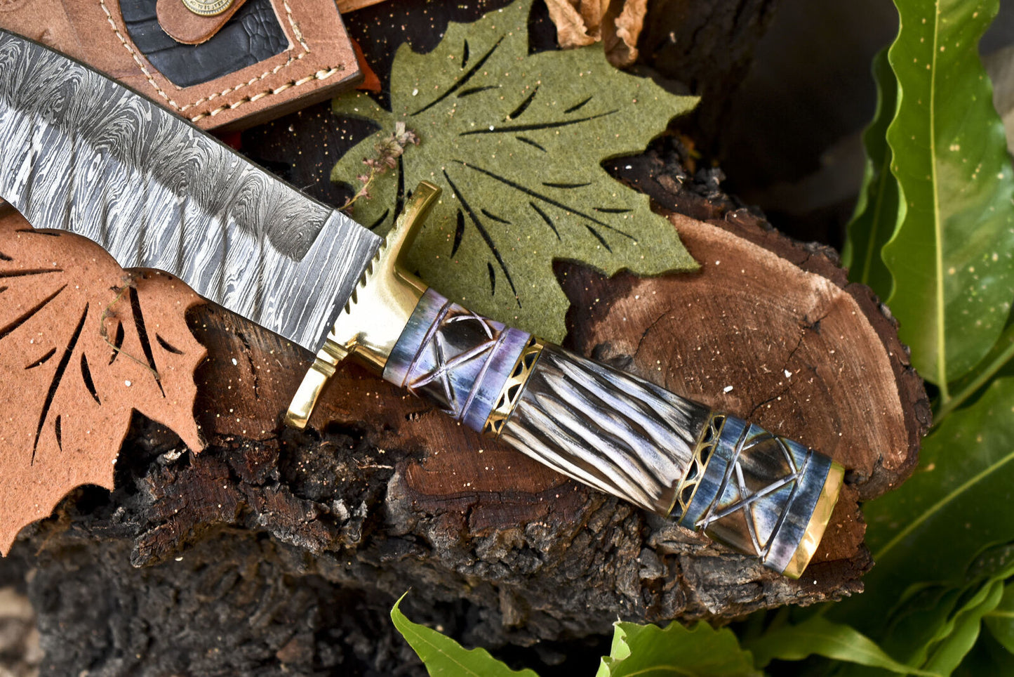 Hand Forged Damascus Bowie Knife with Camel Bone Handle