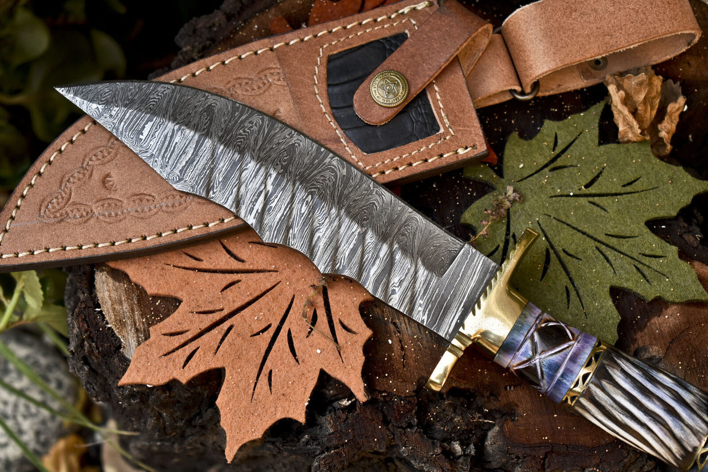 Hand Forged Damascus Bowie Knife with Camel Bone Handle