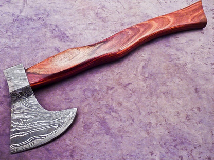Handmade Damascus Steel Mini Axe with Natural Wood Handle and Leather Sheath