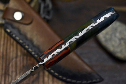 Forged Twist Damascus Skinner Knife with Corian Handle and Micarta Bolster – Outdoor Hunting Essential