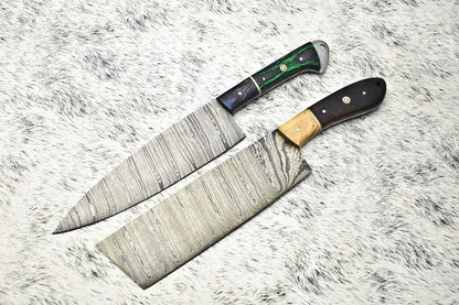 Lot of Handmade Damascus Steel Blade Chef Set Knives