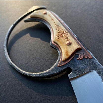 Carbon Steel Bowie – Viking D-Guard, Bone & Copper Handle, 14" Custom Hand-Forged Blade