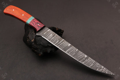 13.5" Handmade Fire Damascus Steel Fillet Knife Damascus Fillet Knife W/Sheath