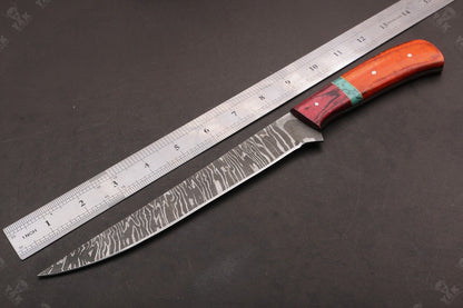 13.5" Handmade Fire Damascus Steel Fillet Knife Damascus Fillet Knife W/Sheath
