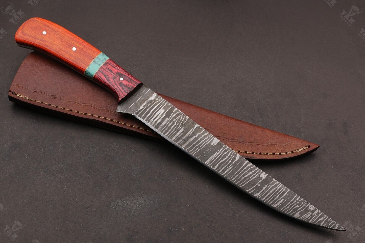 13.5" Handmade Fire Damascus Steel Fillet Knife Damascus Fillet Knife W/Sheath