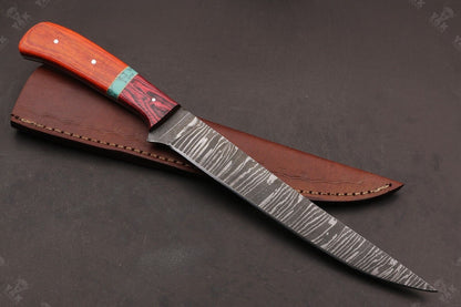 13.5" Handmade Fire Damascus Steel Fillet Knife Damascus Fillet Knife W/Sheath