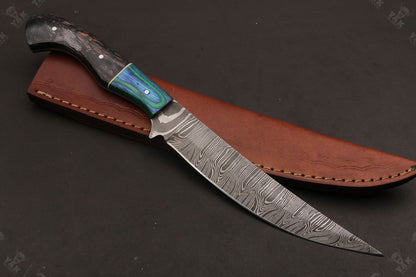 12" Hand Forged Twist Damascus Fillet Knife & Damascus Steel Fillet Knife W/Sheath