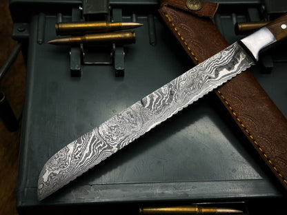 Premium Handmade Damascus Steel Bread Knife – Wood Handle & Leather Sheath