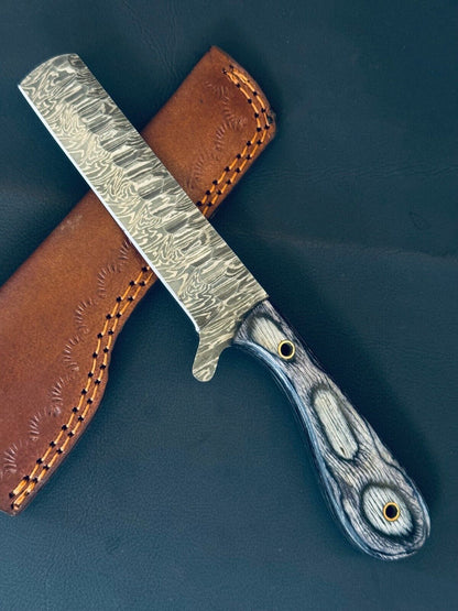 Cowboy Bull Cutter Knife Fire Storm Damascus Steel Bull Cutter Knife With Wood Handle