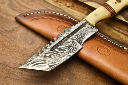 Rare Handmade Damascus Blade Camping Tracker Full Tang Knife with Leather Sheath – 384 Layer Forged Steel Outdoor Survival Hunting Knife