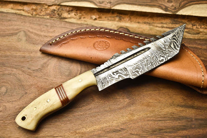 Rare Handmade Damascus Blade Camping Tracker Full Tang Knife with Leather Sheath – 384 Layer Forged Steel Outdoor Survival Hunting Knife