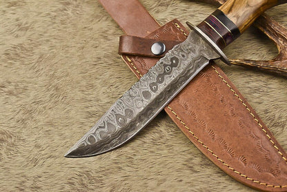 12.5" Handmade Damascus Steel Bowie Knife with Olive Wood Handle & Leather Sheath