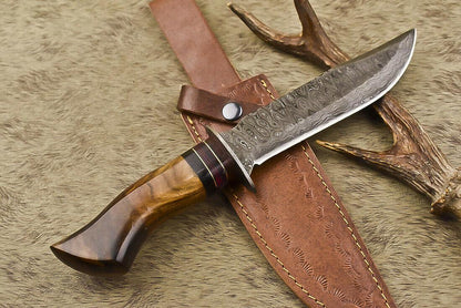 12.5" Handmade Damascus Steel Bowie Knife with Olive Wood Handle & Leather Sheath