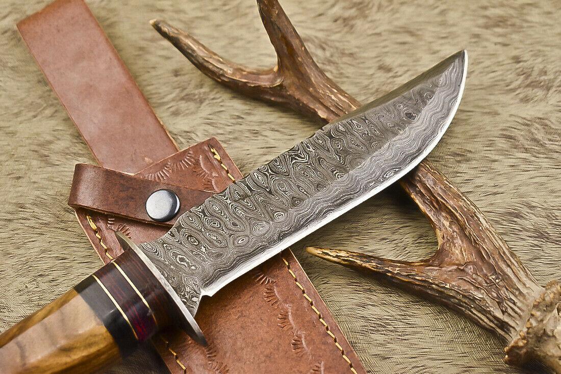 12.5" Handmade Damascus Steel Bowie Knife with Olive Wood Handle & Leather Sheath