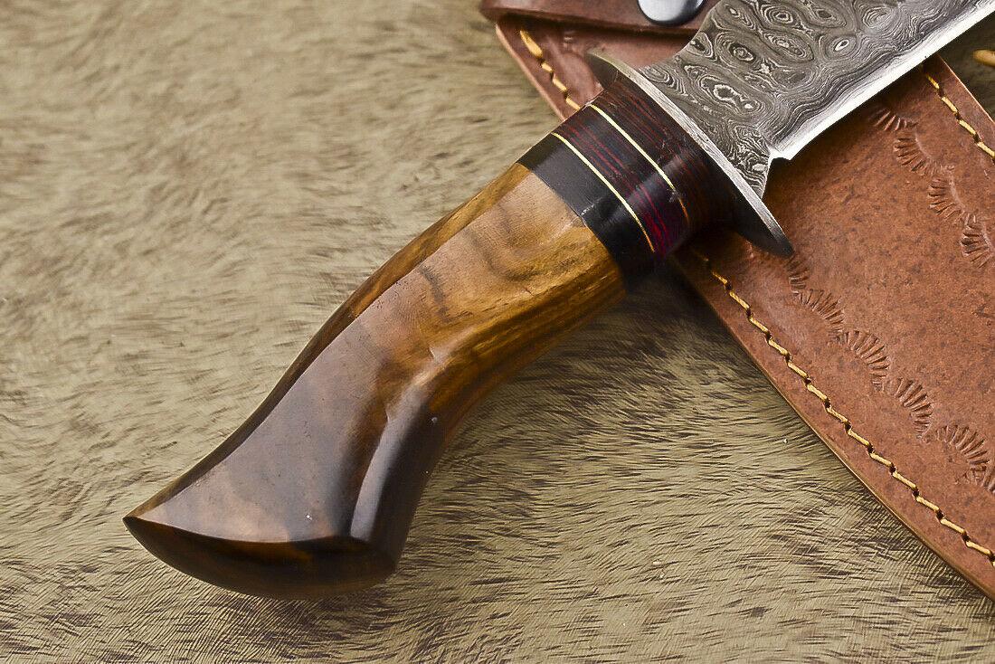 12.5" Handmade Damascus Steel Bowie Knife with Olive Wood Handle & Leather Sheath