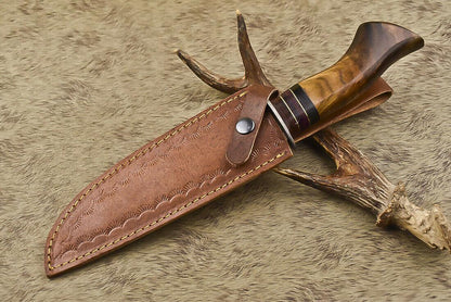 12.5" Handmade Damascus Steel Bowie Knife with Olive Wood Handle & Leather Sheath