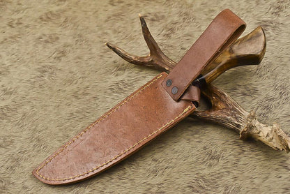 12.5" Handmade Damascus Steel Bowie Knife with Olive Wood Handle & Leather Sheath