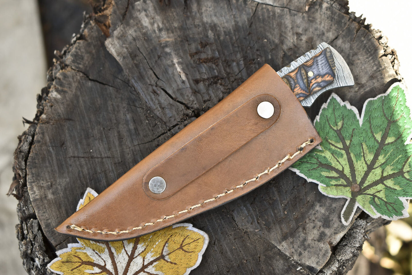 Compact Handmade Twist Damascus Skinner Knife with Hardwood Handle for Outdoor Use