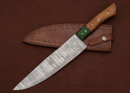 Forged Damascus Steel Chef Fillet Knife with Elegant Pakka Wood Handle & Leather Sheath