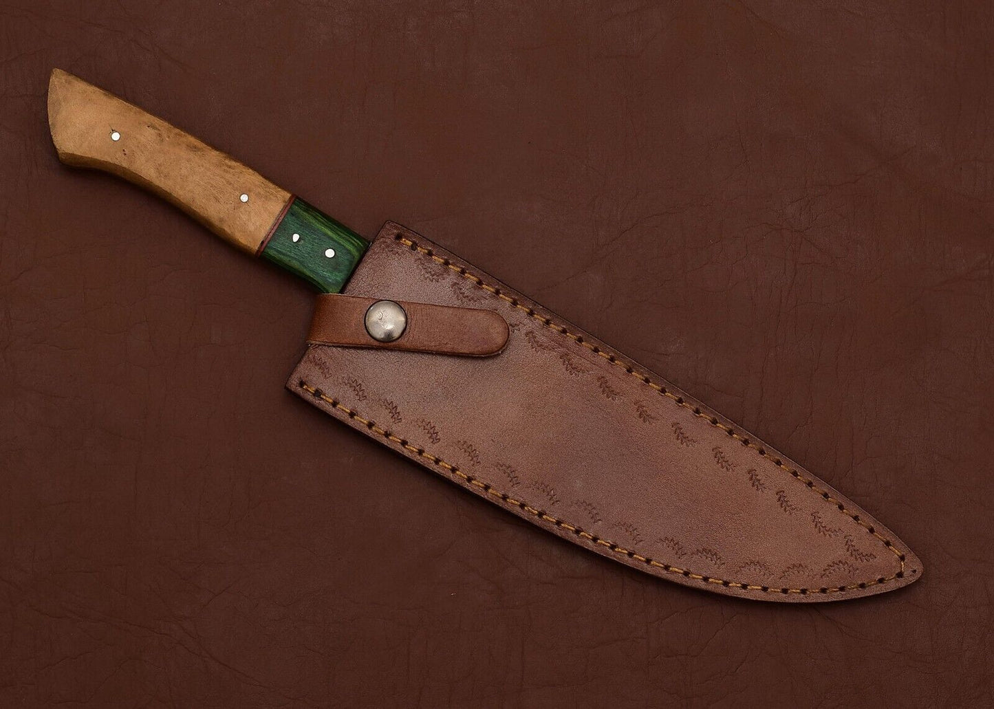 Forged Damascus Steel Chef Fillet Knife with Elegant Pakka Wood Handle & Leather Sheath