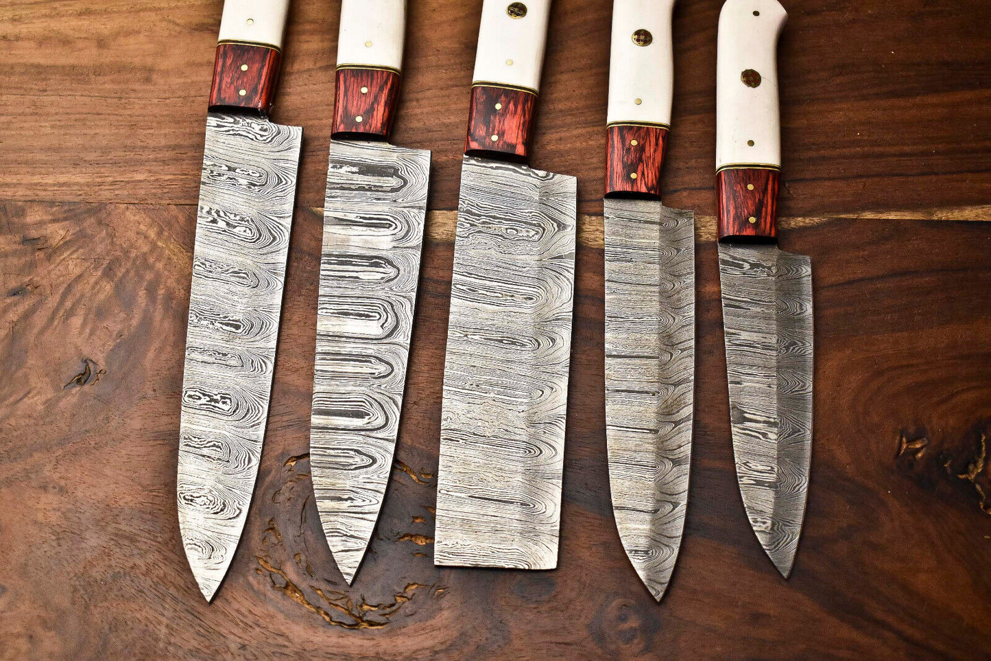 Premium 5-Piece Handmade Damascus Steel Chef Knife Set with Leather Carry Bag