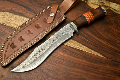 14" Damascus Bowie Knife – Camel Bone Handle & Leather Sheath