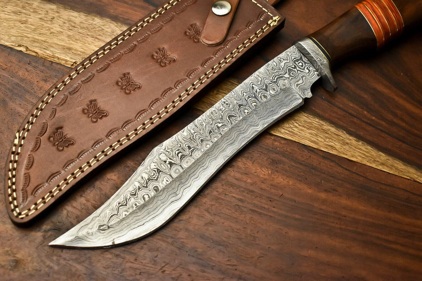 14" Damascus Bowie Knife – Camel Bone Handle & Leather Sheath
