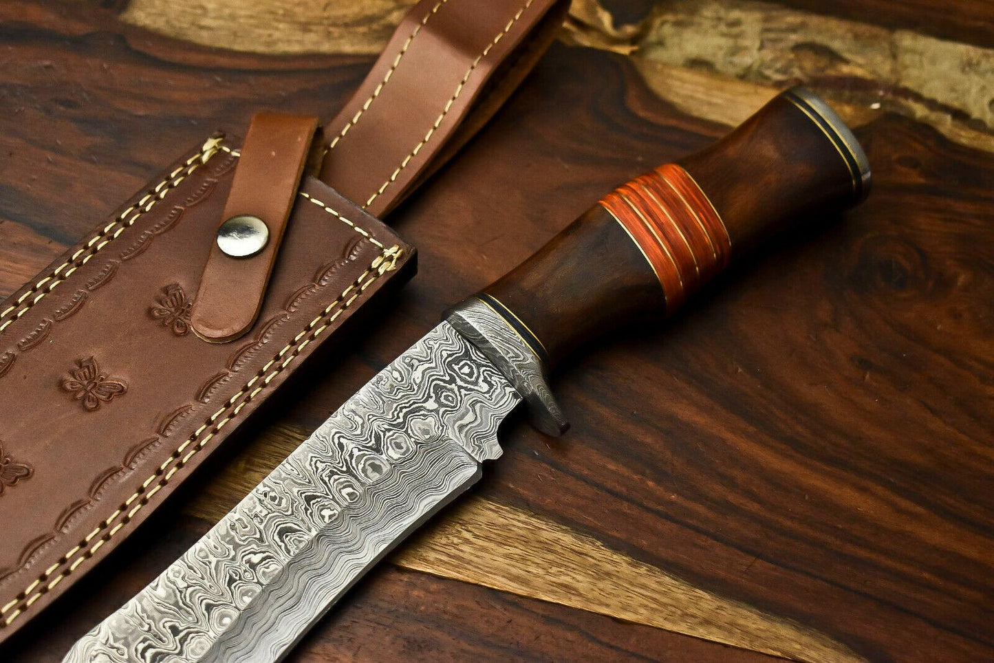 14" Damascus Bowie Knife – Camel Bone Handle & Leather Sheath