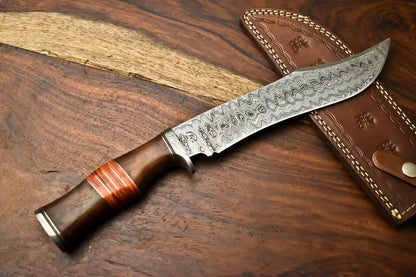 14" Damascus Bowie Knife – Camel Bone Handle & Leather Sheath