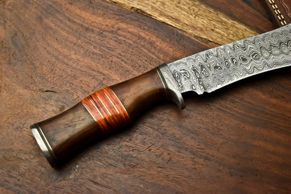 14" Damascus Bowie Knife – Camel Bone Handle & Leather Sheath